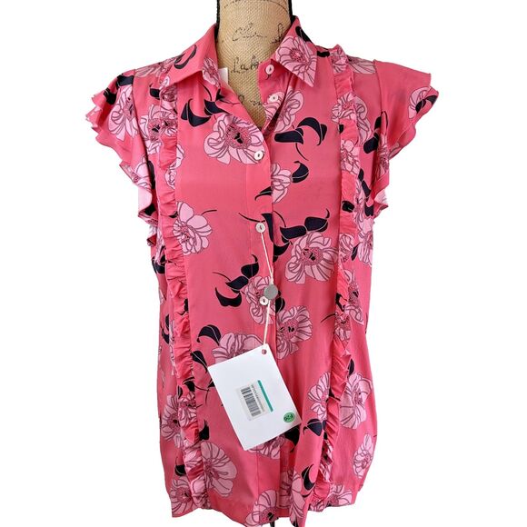 P.A.R.O.S.H. Womens Feminine Floral Pink Button Up Short Sleeve Silk Blouse Sz L - Picture 3 of 15
